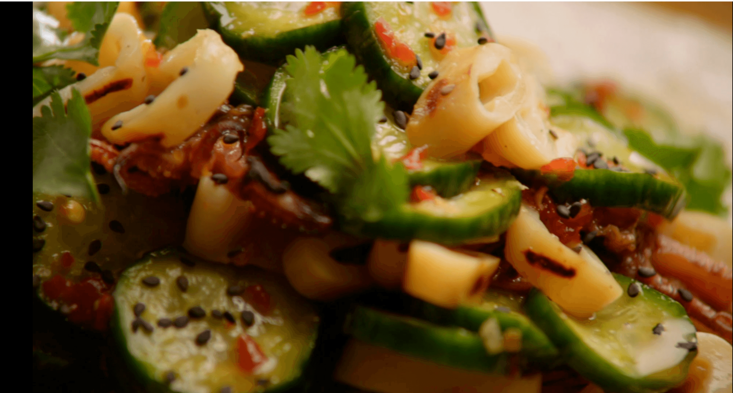 Spicy Calamari and Cucumber Salad with Spiced Yogurt Sauce