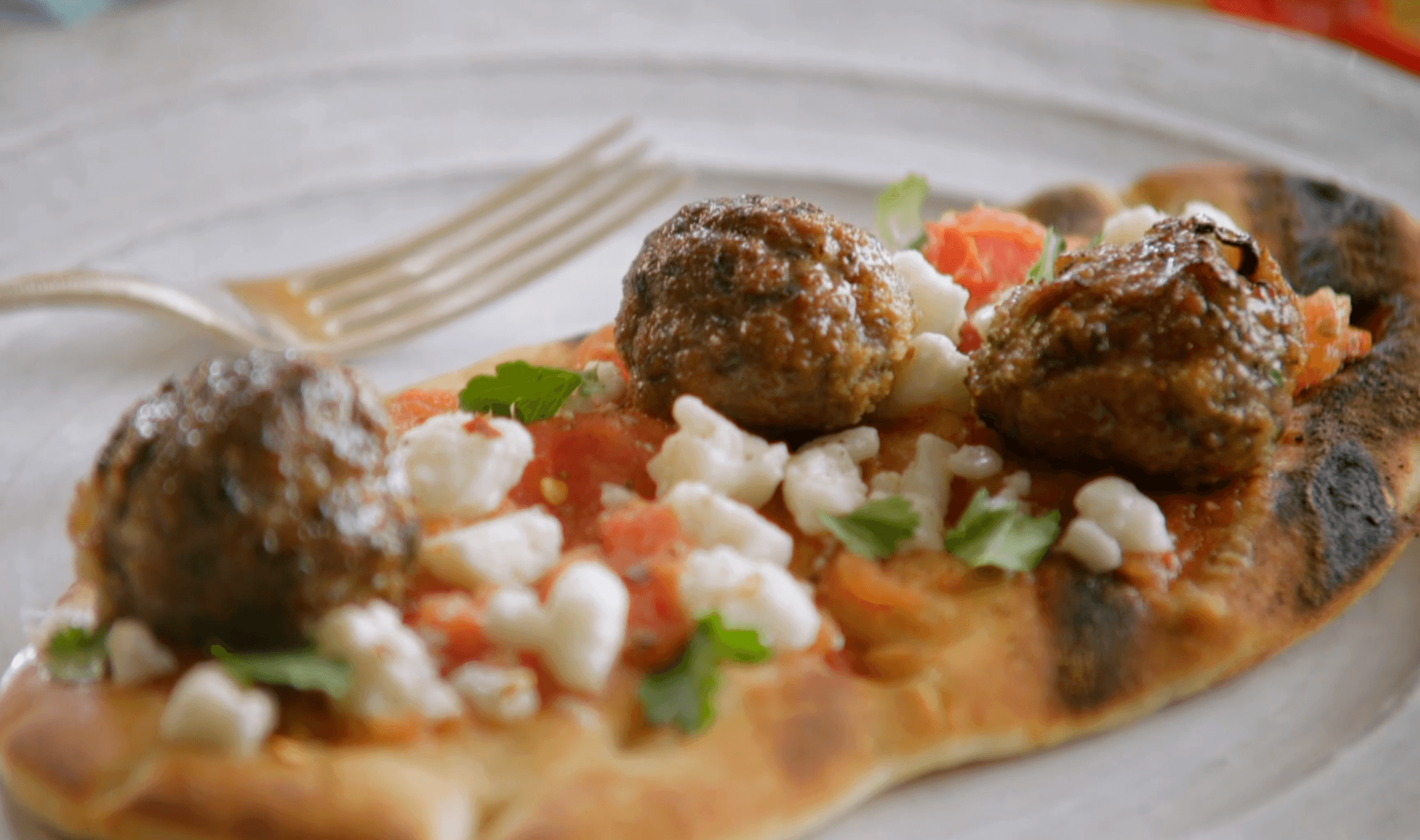 Grilled Lamb Meatball Flatbread with Grilled Tomato Sauce