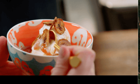 Tropical Sundae with Guava Coulis and Banana Chips